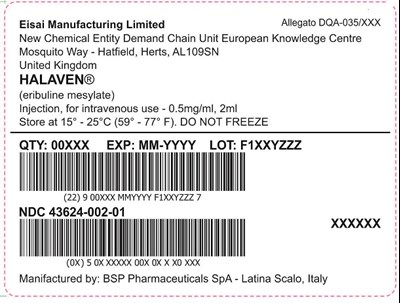Image (eribulin Mesylate) Injection1 mg/2 mL(0.5 mg/ml)for Intravenous Use (Eisai  Halaven Label)